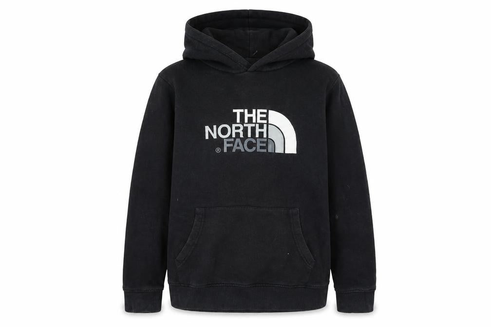Front view of The North Face girls’ black xl pullover hoodie with logo print