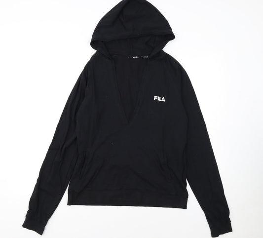 FILA Womens Black Pullover Hoodie Size 14 V-Neck Logo Sweatshirt