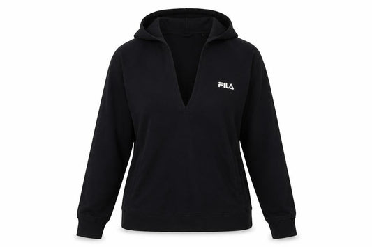 Front view of Fila women’s black pullover hoodie, size UK 14, v-neck logo sweatshirt