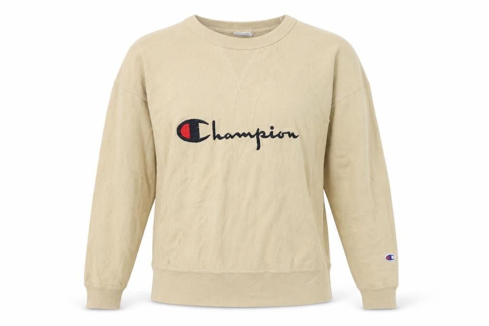 Champion Womens Beige Reverse Weave Sweatshirt Large Logo Crew Neck