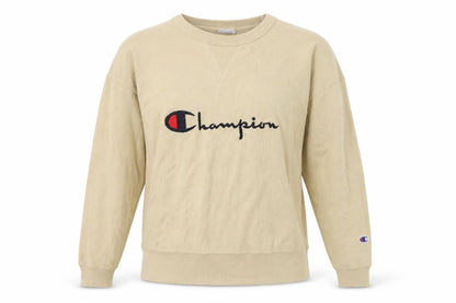 Champion Womens Beige Reverse Weave Sweatshirt Large Logo Crew Neck