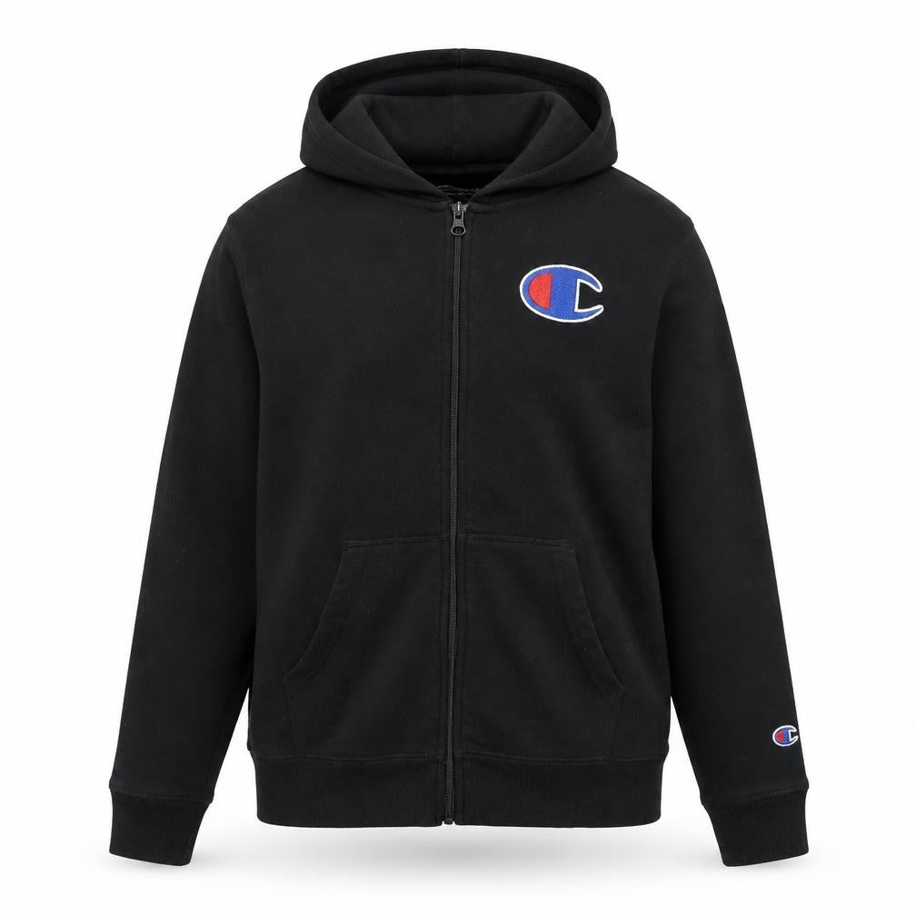 Front view of Champion boys’ black full zip hoodie, size L, cotton blend athleticwear