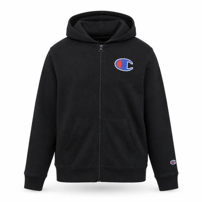Front view of Champion boys’ black full zip hoodie, size L, cotton blend athleticwear