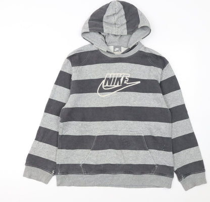 Nike Boys Grey Striped Pullover Hoodie L 12/13 Years Hooded Fleece Sweatshirt