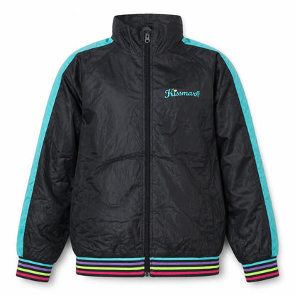 Front view of Kissmark girls’ black & aqua track jacket, size 12-13, years lightweight zip