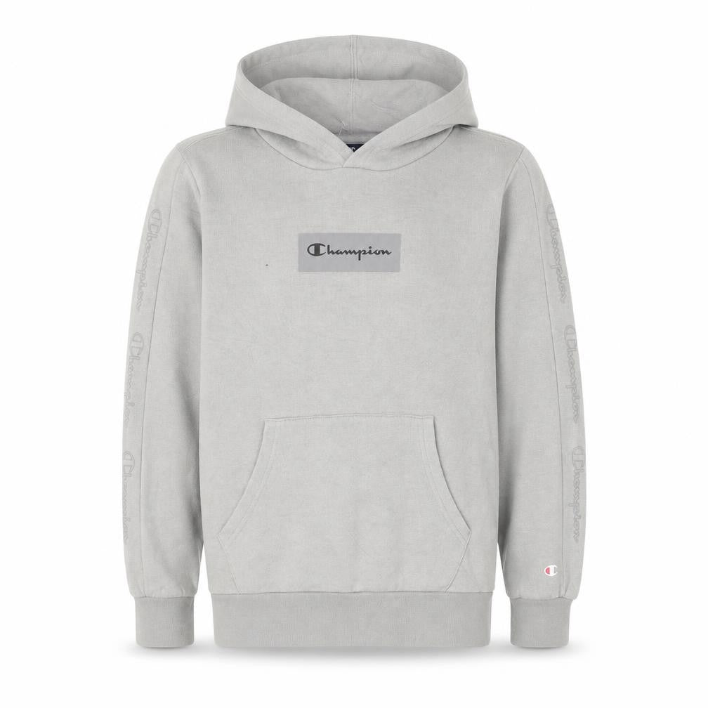 Front view of Champion boys’ grey pullover hoodie 11-12 years logo fleece sweatshirt