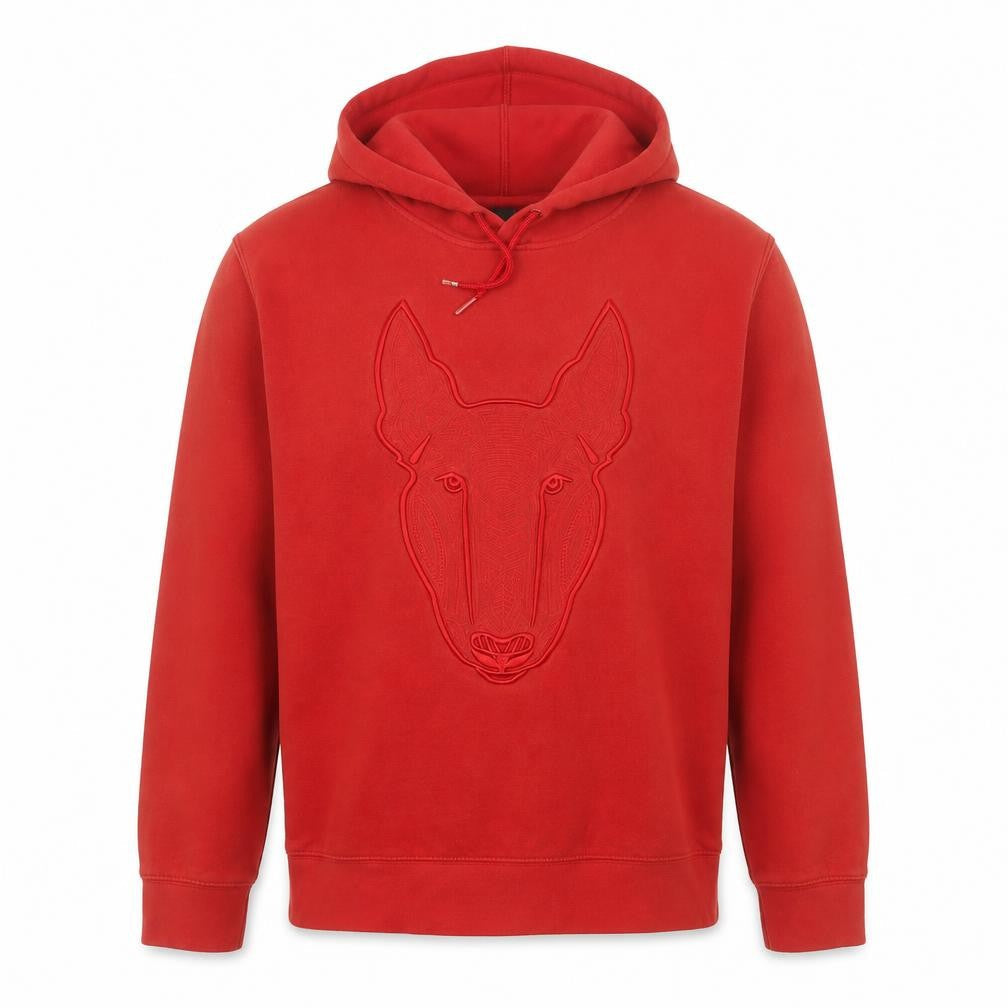 H&M Mens Red Hoodie Medium Pullover Embroidered Animal Graphic Sweatshirt