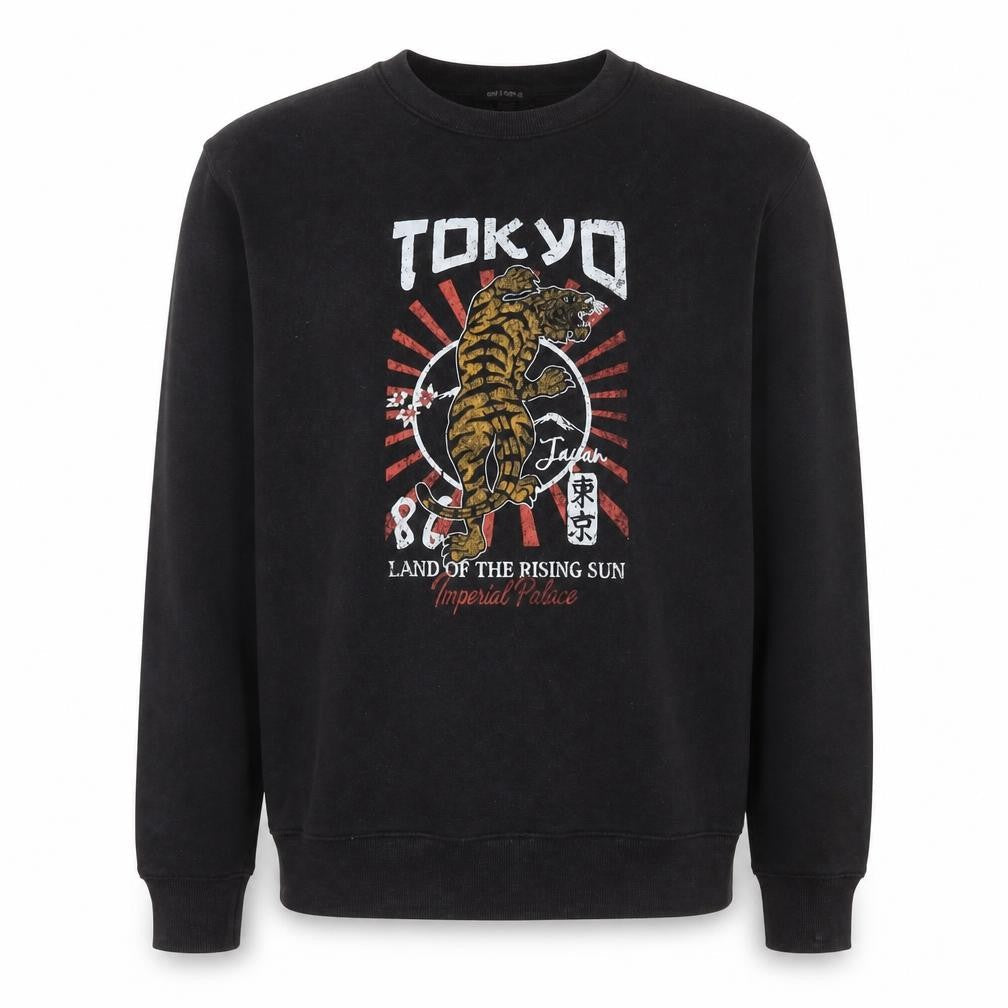 QED London Men's Black Tokyo Tiger Graphic Pullover Sweatshirt L