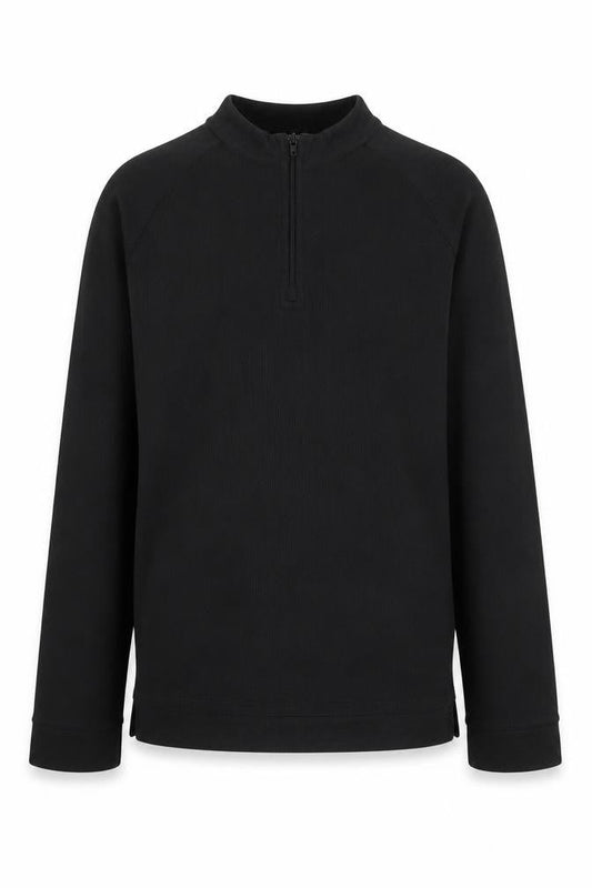 Front view of Trespass boys’ black 11-12 years 1/4 zip fleece sweatshirt