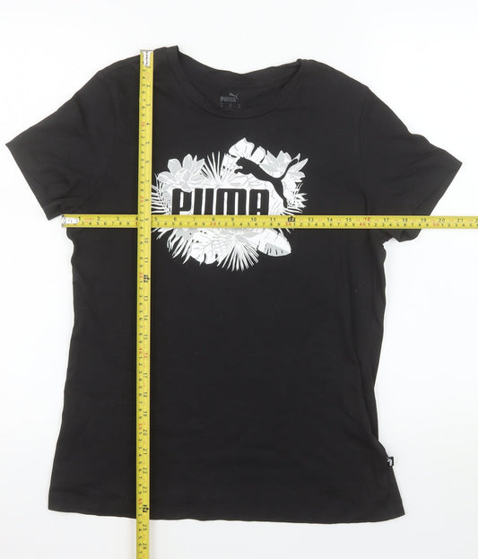 Puma Women's Black Floral Logo Crew Neck Short Sleeve T-Shirt M