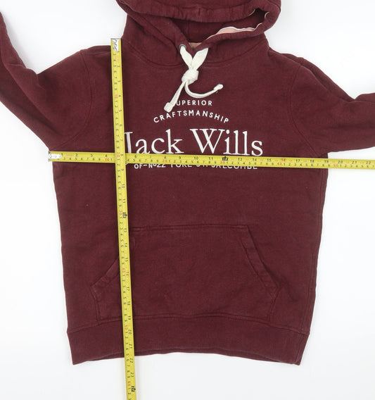 Jack Wills Women Burgundy Pullover Hoodie UK 8 Logo Print Cotton Blend