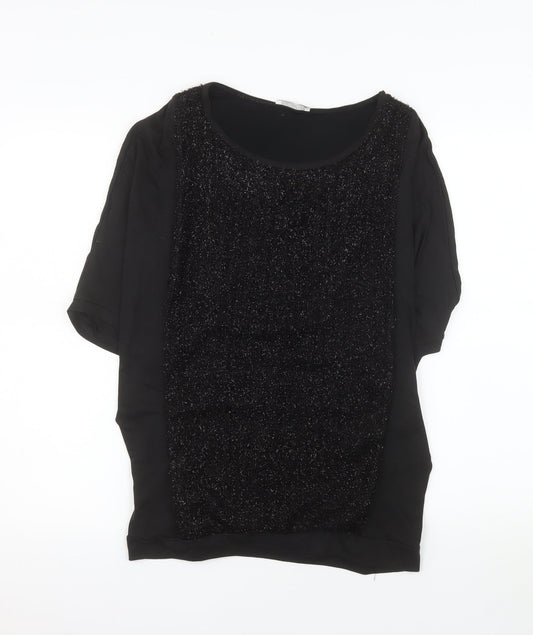 Promod Women's Black Glitter Panel Top Size 12 Short Sleeve