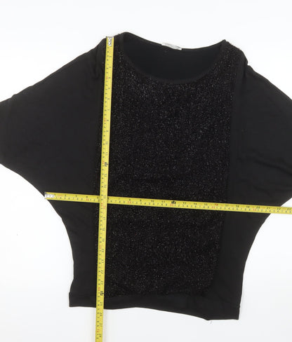 Promod Women's Black Glitter Panel Top Size 12 Short Sleeve