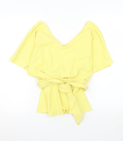 Quiz Women’s Yellow Wrap Blouse Size 8 Short Sleeve V-Neck Lightweight
