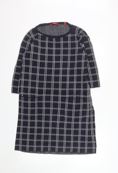 s.Oliver Women Blue Check Shift Dress Size 12 3/4 Sleeve Knit