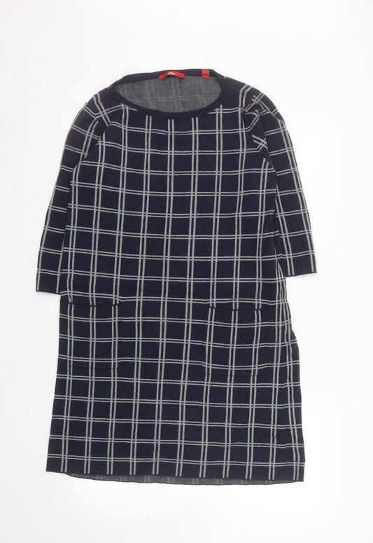 s.Oliver Women Blue Check Shift Dress Size 12 3/4 Sleeve Knit
