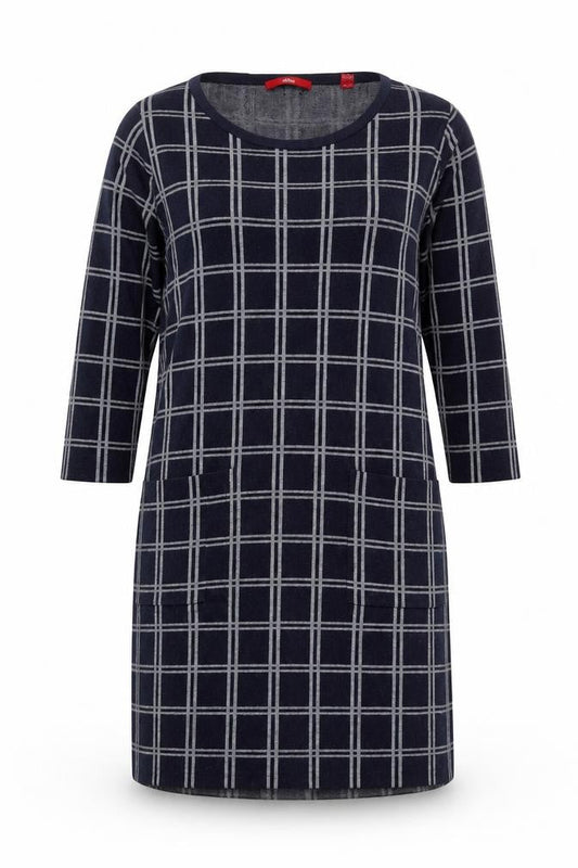 s.Oliver Women Blue Check Shift Dress Size 12 3/4 Sleeve Knit