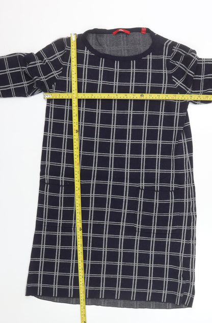 s.Oliver Women Blue Check Shift Dress Size 12 3/4 Sleeve Knit