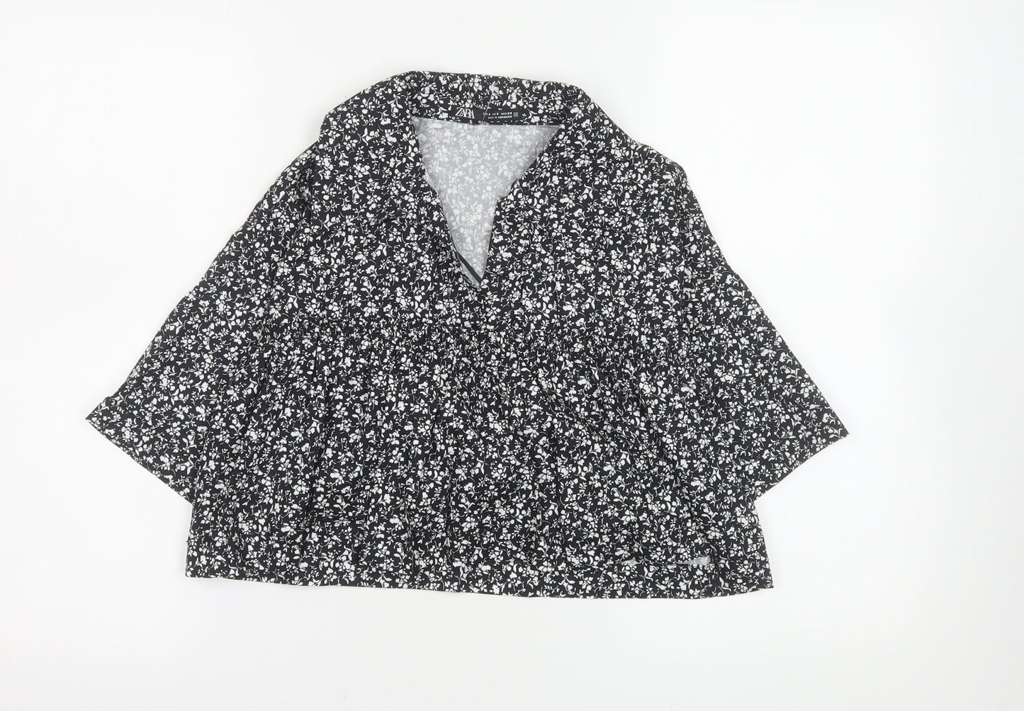 ZARA Women Black Floral Blouse 100% Cotton Size S Casual