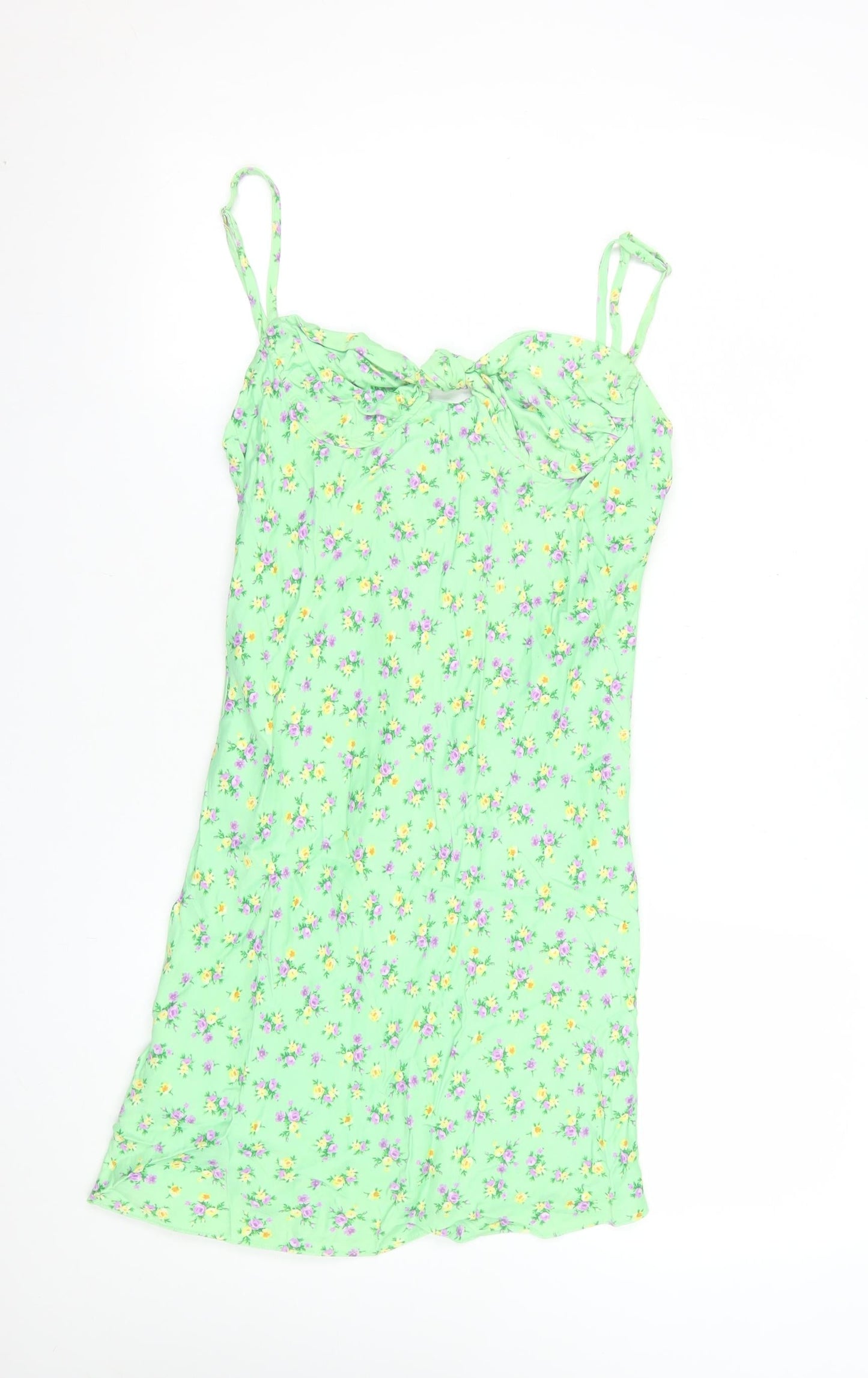 Zara Women Green Floral Slip Dress Size 12 Sleeveless Summer Short