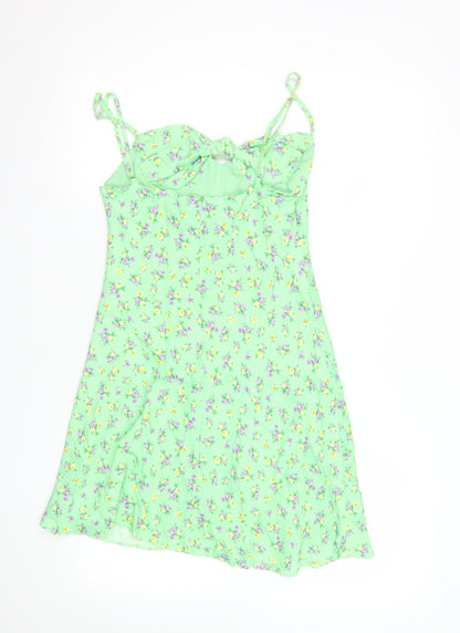 Zara Women Green Floral Slip Dress Size 12 Sleeveless Summer Short