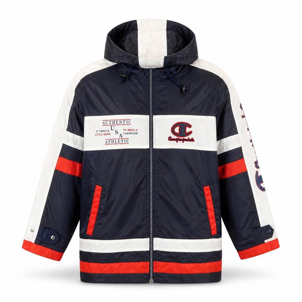 Front view of Champion boys’ blue red white windbreaker hooded jacket 11-12 years
