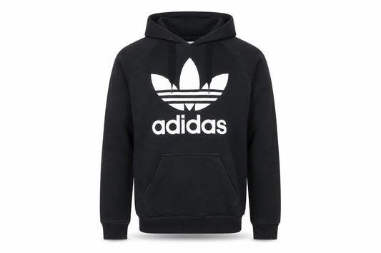 Front view of Adidas Men's Black XS Pullover Hoodie with Trefoil Logo