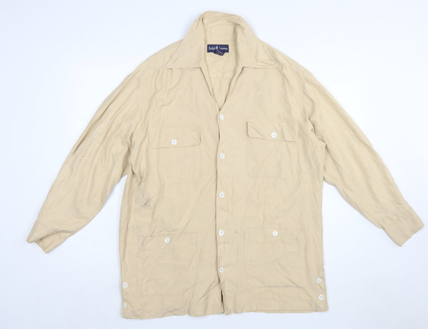 Ralph Lauren Men's Beige Silk Long Sleeve Button-Up Shirt L