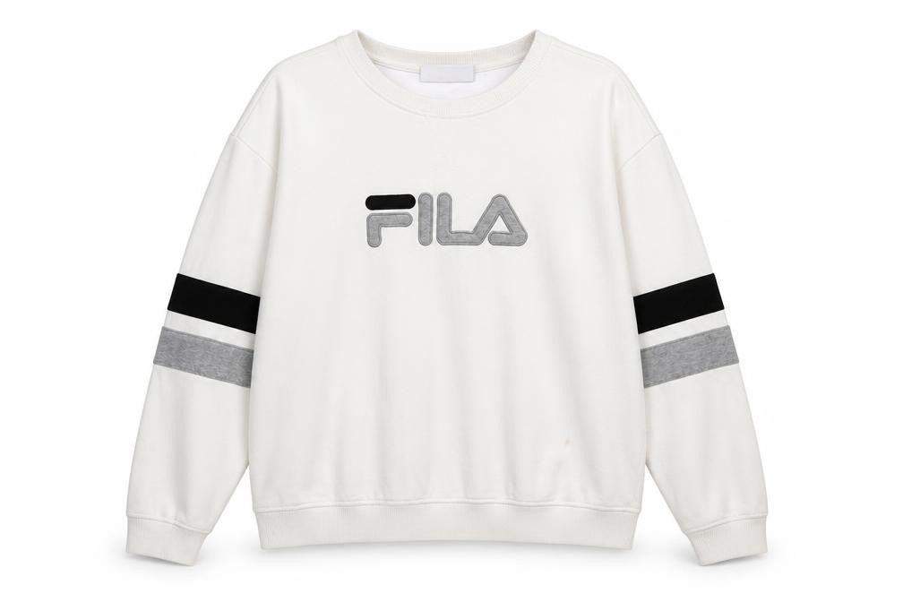Front view of Fila Women’s White XXL Crew Neck Sweatshirt with Logo and Striped Sleeves