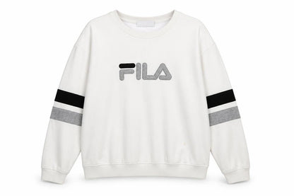 Front view of Fila Women’s White XXL Crew Neck Sweatshirt with Logo and Striped Sleeves
