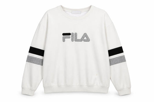 Front view of Fila Women’s White XXL Crew Neck Sweatshirt with Logo and Striped Sleeves