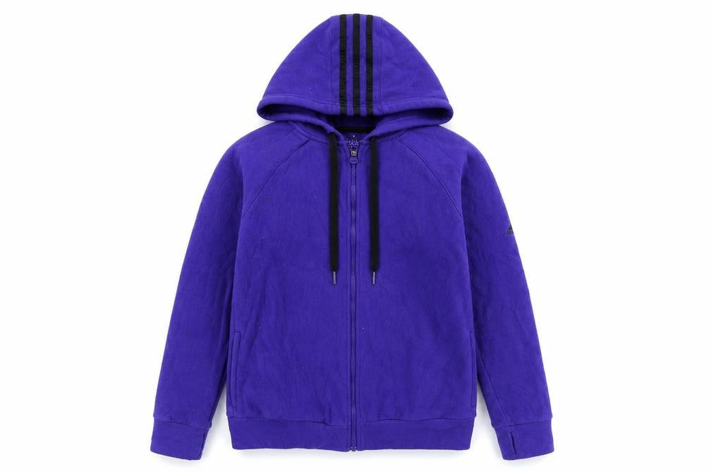 Front view of Adidas women’s purple fleece hooded full zip jacket, size M, 12-14