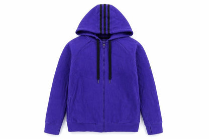 Front view of Adidas women’s purple fleece hooded full zip jacket, size M, 12-14