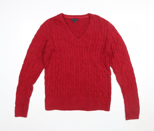 Tommy Hilfiger Women's Red V-Neck Cable-Knit Cotton Jumper XL
