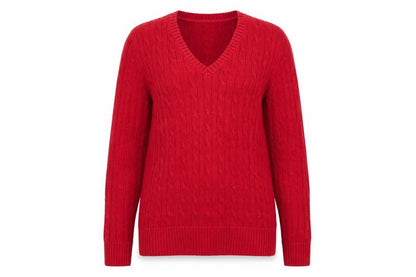 Tommy Hilfiger Women's Red V-Neck Cable-Knit Cotton Jumper XL