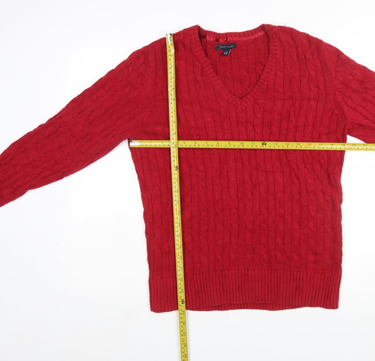Tommy Hilfiger Women's Red V-Neck Cable-Knit Cotton Jumper XL