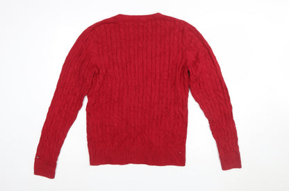 Tommy Hilfiger Women's Red V-Neck Cable-Knit Cotton Jumper XL
