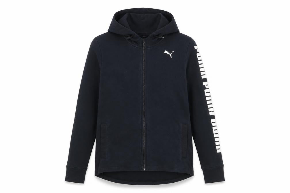 Front view of Puma Women Black XL Full Zip Hoodie Sweatshirt with Logo Print