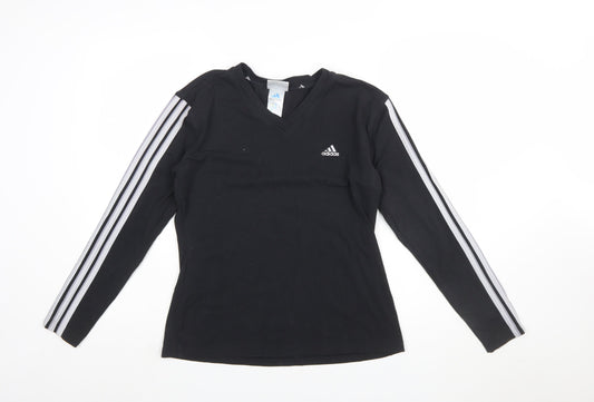 Adidas Womens Black Long Sleeve V-Neck Slim Fit Activewear Top Size 16