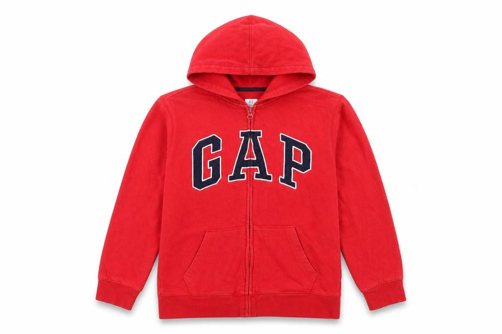 Front view of Gap boys’ red full zip hoodie xxl 13 years cotton blend fleece sweatshirt