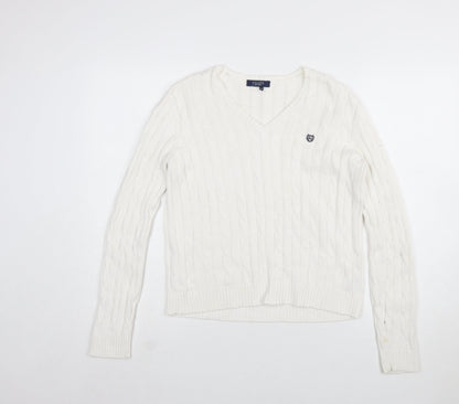 Chaps Women's White V-Neck Cable Knit Cotton Jumper Size M
