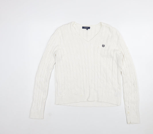 Chaps Women's White V-Neck Cable Knit Cotton Jumper Size M