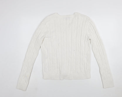 Chaps Women's White V-Neck Cable Knit Cotton Jumper Size M