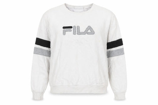 Front view of Fila women’s white crew neck pullover sweatshirt xl logo detail