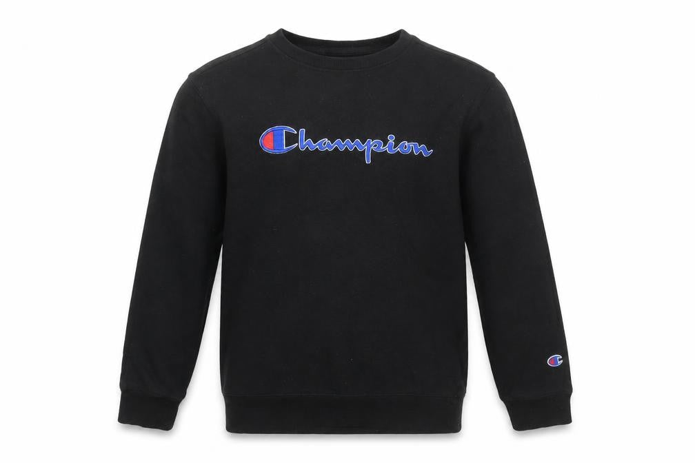 Front view of Champion boys’ black pullover sweatshirt l logo fleece crew neck