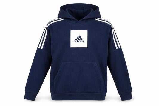 Front view of Adidas boys’ navy blue pullover hoodie 13-14 years cotton blend
