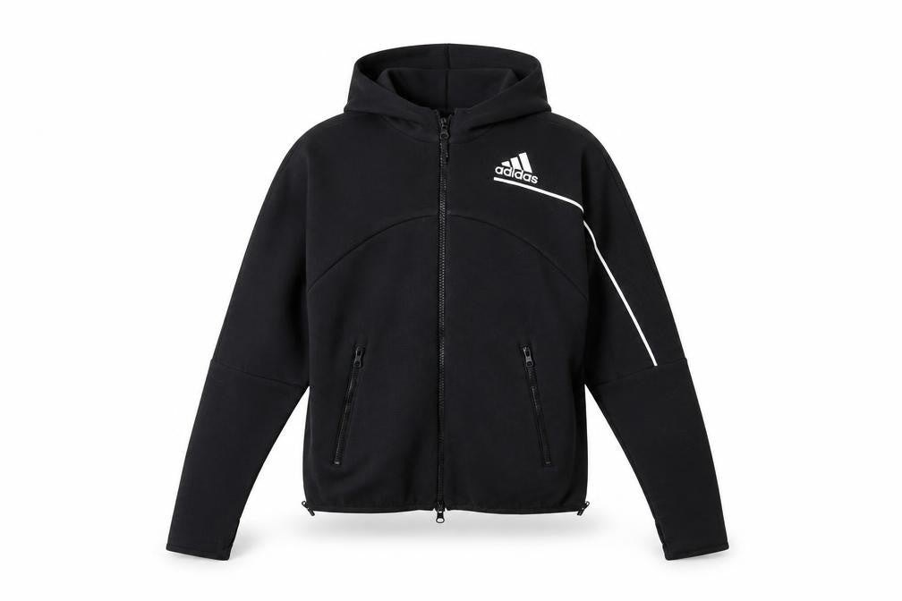 Front view of Adidas women’s black full zip hoodie s 8-10 hooded sportswear