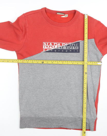 Napapijri Boys Red Grey Pullover Sweatshirt Size 12 Cotton Blend Logo Graphic
