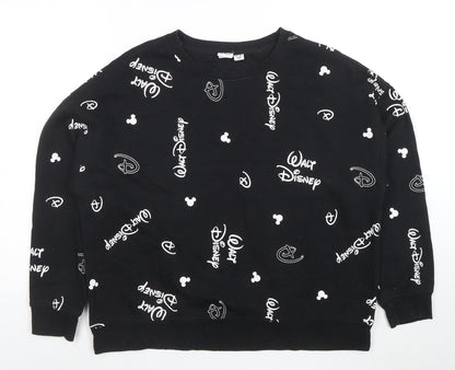 Disney Womens Black L Sweatshirt Walt Disney Logo Print Crew Neck