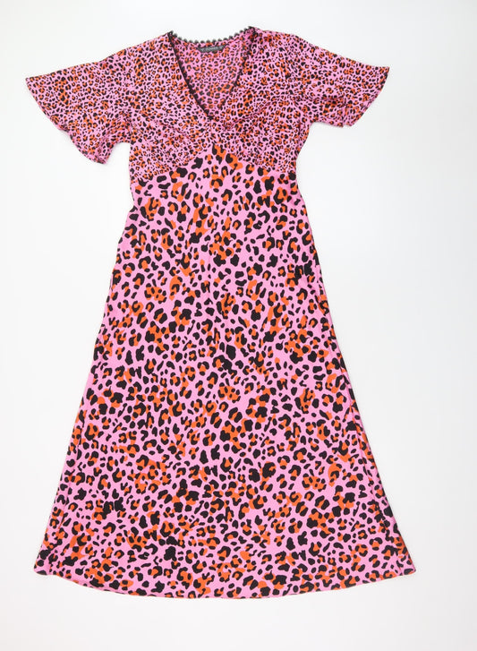 Dunnes Women's Pink Leopard Print A-Line Midi Dress Size 8